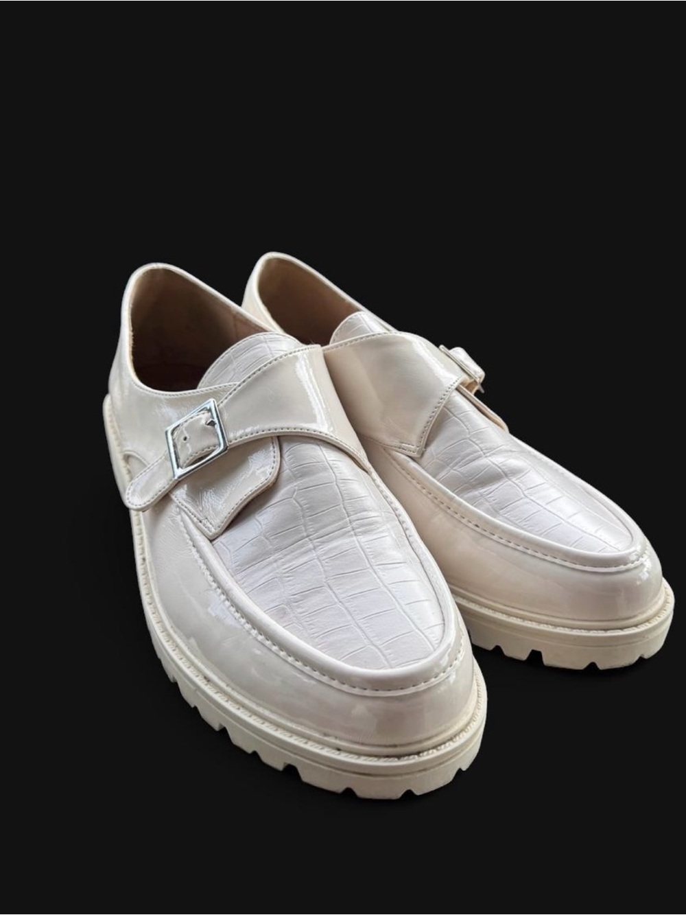 Women's Cream Croc-Embossed Leather Monk Strap Loafers
